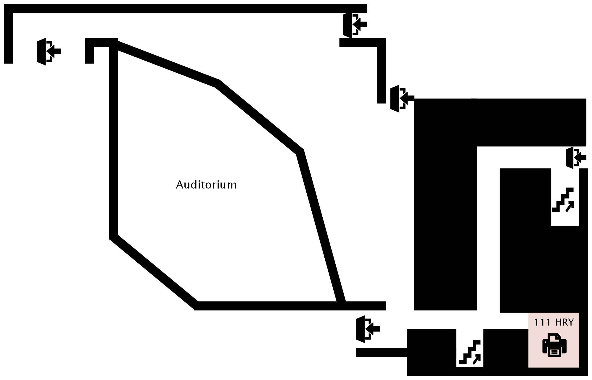 A map of the first floor of Henry Hall, indicating a printer with printing capabilities only is available in HRY111